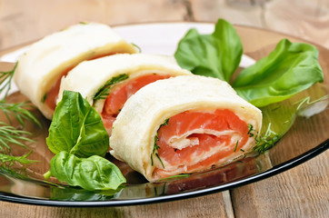 Lavash rolls with salmon and cheese