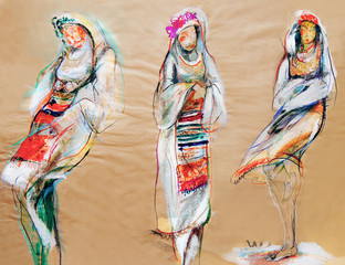 Drawing on paper of three traditional Bulgarian women