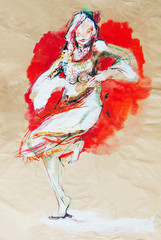 Drawing on paper of dancing Bulgarian folklore girl