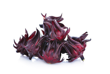 Fresh roselle fruits or Hibiscus sabdariffa on white background