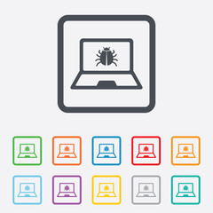 Laptop virus sign icon. Notebook software bug.