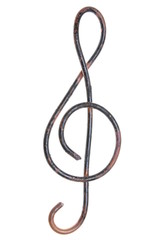 Old copper wire in shape of G-clef on a white background