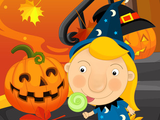 Cartoon happy and funny halloween scene with kid - illustration for children