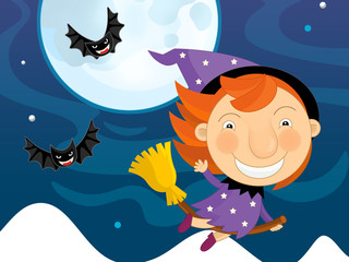 Naklejka premium Cartoon happy halloween scene - with witch or sorceress flying - like party - illustration for children