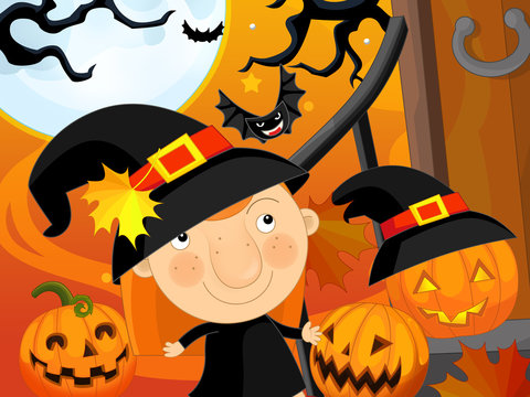Cartoon happy and colorful scene - halloween - witch or sorceress near the castle door -  illustration for children