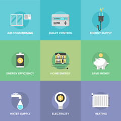 Home energy control flat icons set