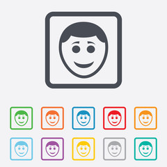 Smile face icon. Smiley with hairstyle symbol.