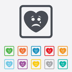 Sad heart face with tear icon. Crying symbol.