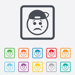 Sad rapper face with tear icon. Crying symbol.