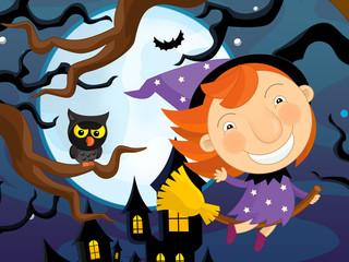 Cartoon halloween scene with happy kid - illustration for children