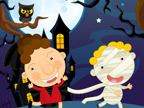 Cartoon happy and colorful traditional scene with undead characters - vampire and mummy running - illustration for children