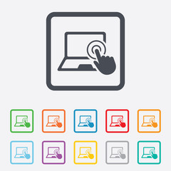 Touch screen laptop sign. Hand pointer symbol.