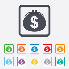 Wallet dollar sign icon. Cash bag symbol.