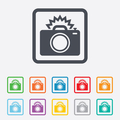 Photo camera sign icon. Photo flash symbol.