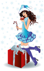 Santa shopping girl with xmas ball, vector