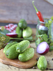 Set for home canning cucumbers on a background of onion, dill, p