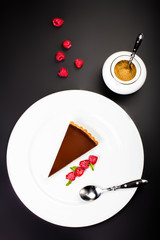 Delicious Piece of Chocolate pie. Chocolate cheesecake with rasp