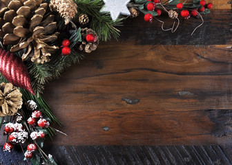Traditional Christmas background on dark recycled wood 