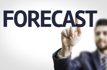 Business man pointing to transparent board with text: Forecast