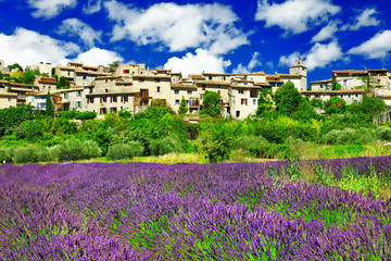scenery of Provence - view of Saignon village and lavander field