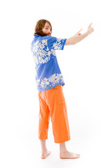 model isolated on plain background looking at camera pointing