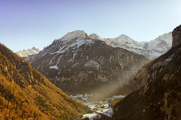 Valley in Jungfrau region helicopter view in winter