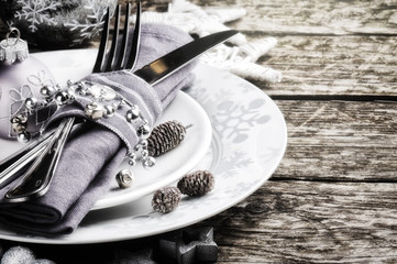 Christmas table setting in silver tone