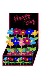 Caja con flores y happy day.