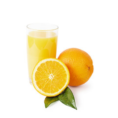 fresh orange and glass with juice over white