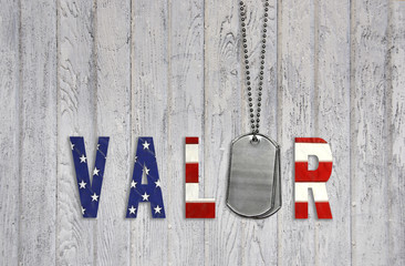 military dog tags with flag valor on wood
