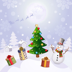 Christmas illustration with snowman and Christmas tree.