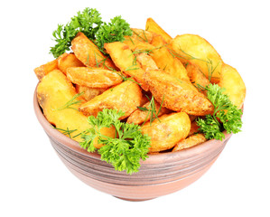 Homemade fried potato in bowl isolated on white