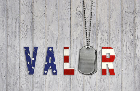 military dog tags with flag valor on wood