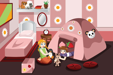 Kid playing in a tent inside the bedroom