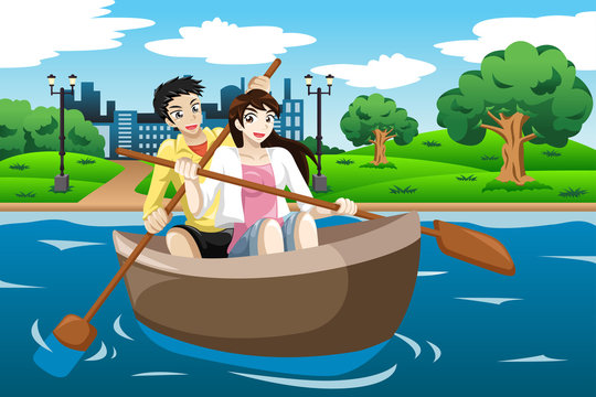 Happy couple rowing a boat