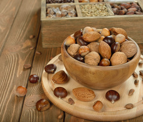 Various nuts in a wooden bowl