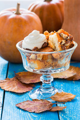 Pumpkin bread pudding  topped with whipped cream