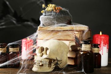 Frightful still life for Halloween, on dark background