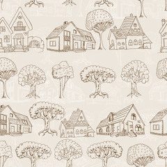 Seamless pattern with houses and trees