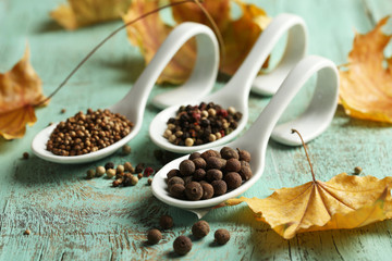 Different spices in spoons with yellow leaves