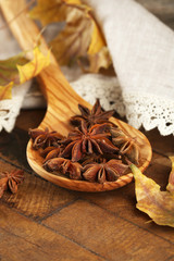 Stars anise in wooden spoon on table close up