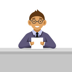 Young Man on Glasses Reading Newspaper.