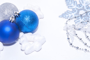 Blue and silver xmas decoration with copy space
