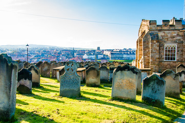 St Mary's Church and gravestones in Whitby, North Yorkshire, UK