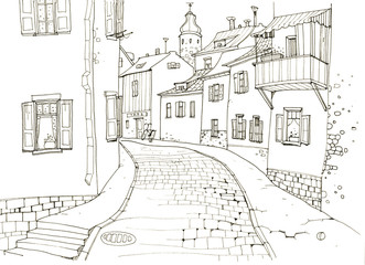 Outline drawing marker depicting European street