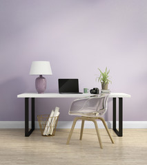 Elegant light purple home office interior with armchair