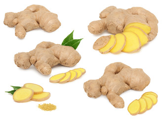 Set whole and sliced ginger with green leaves (isolated)