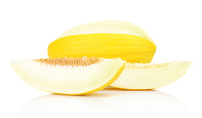 Studio shot of sliced Canary melon isolated white