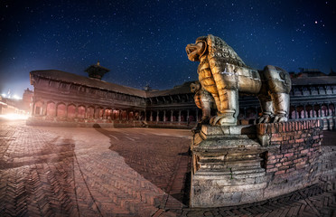 Stone lions at night in Bhaktapur