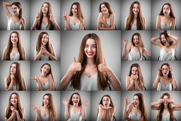 Collage of woman with different facial expressions.